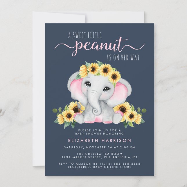 Invitation Beau Eléphant Fleurs de soleil Bleu Bébé Fille Dou (Devant)