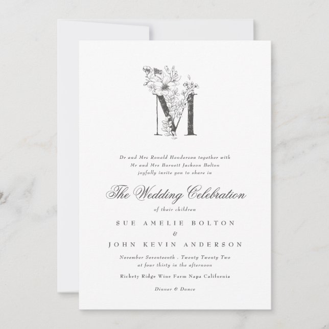 Invitation Beau Floral "M" Monogramme Mariage esquissé (Devant)