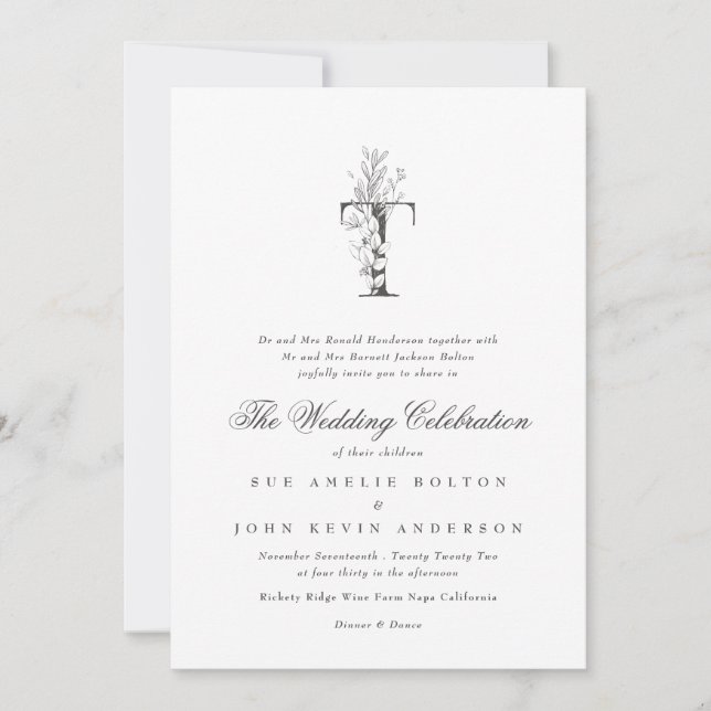 Invitation Beau Floral 'T' Monogramme Mariage esquissé (Devant)