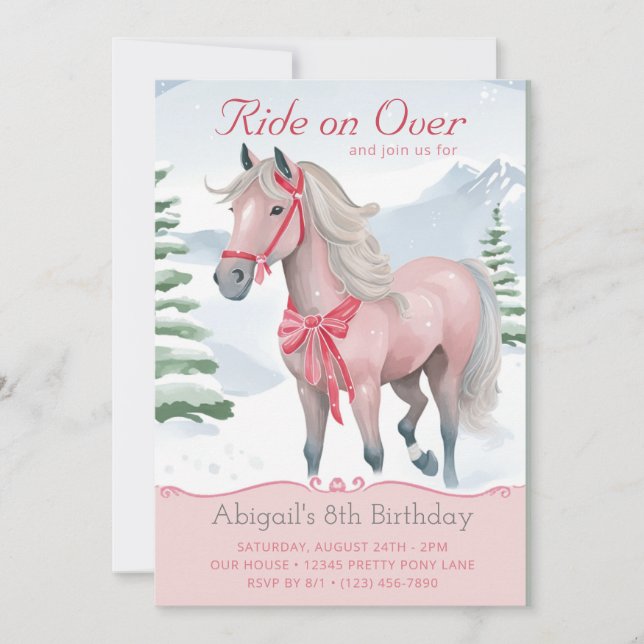 Invitation Beau hiver Woodland Cheval rose Anniversaire (Devant)