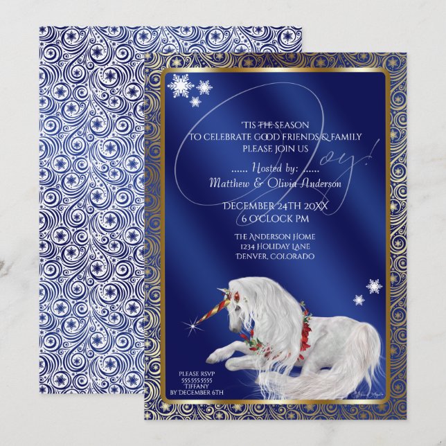 Invitation Beau Imaginaire Noël Unicorne Joy Blue (Devant / Derrière)