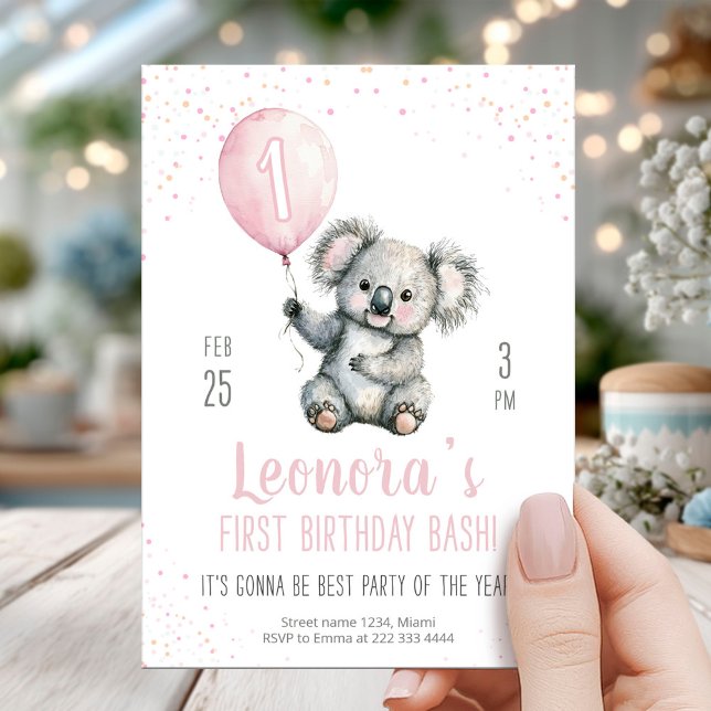 Invitation Beau Koala rose Balloon 1er anniversaire (Créateur téléchargé)