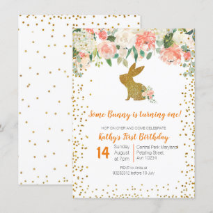 Invitation Beau lapin rose floral 1er anniversaire