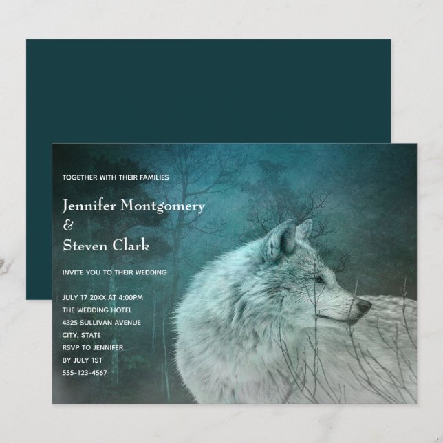 Invitation Beau loup gris dans un Mariage de forêt foncée (Devant / Derrière)
