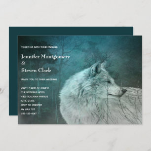 Invitation Beau loup gris dans un Mariage de forêt foncée