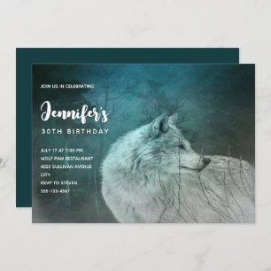 Invitation Beau loup gris dans une forêt foncée Anniversaire