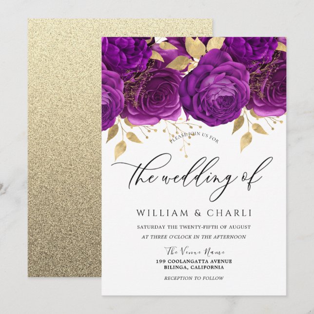Invitation Beau Mariage à étincelles florales violet et or (Devant / Derrière)