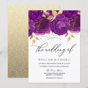 Invitation Beau Mariage à étincelles florales violet et or