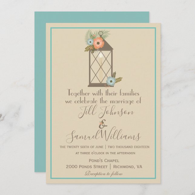 Invitation Beau Mariage à lanterne beige et bleu (Devant / Derrière)