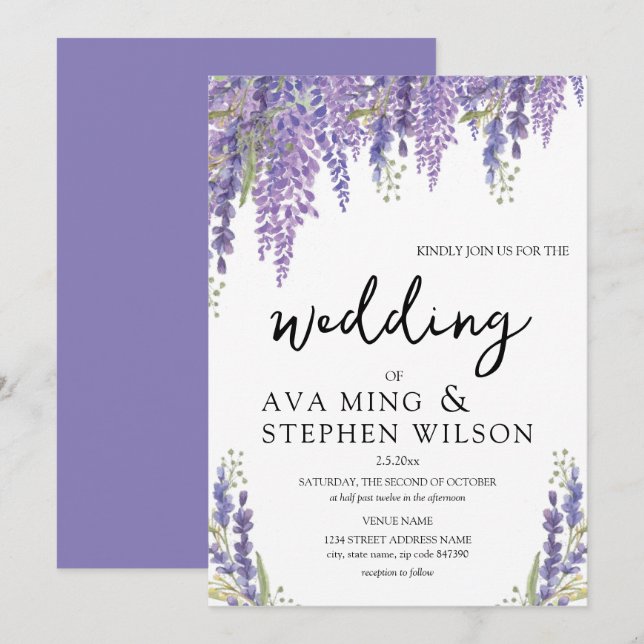 Invitation Beau Mariage d'aquarelle de l'arbre Wisteria (Devant / Derrière)