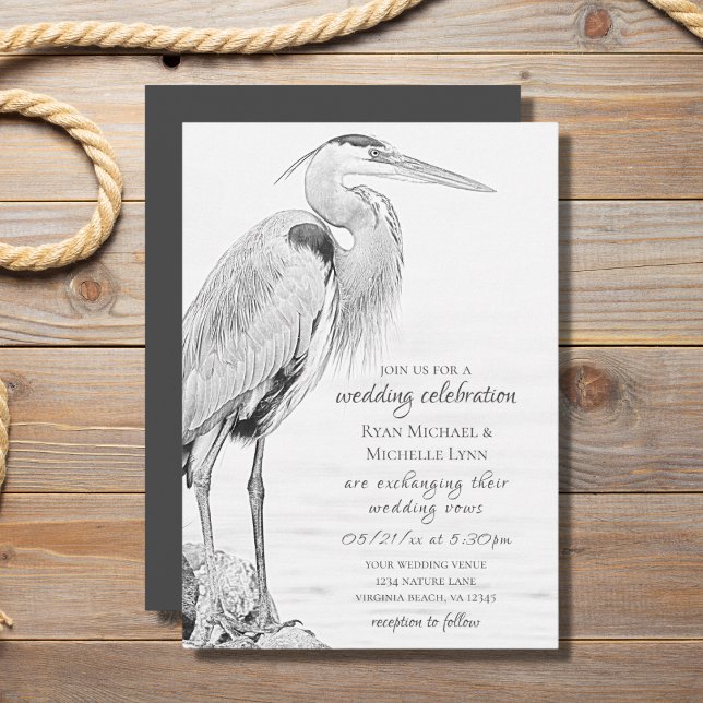 Invitation Beau Mariage de croquis d'oiseaux d'eau de Héron b (Créateur téléchargé)