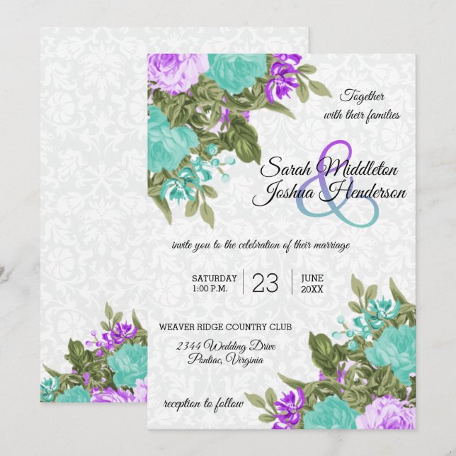 Invitation Beau Mariage de fleurs violettes et Turquoises (Devant / Derrière)