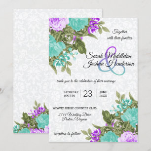 Invitation Beau Mariage de fleurs violettes et Turquoises