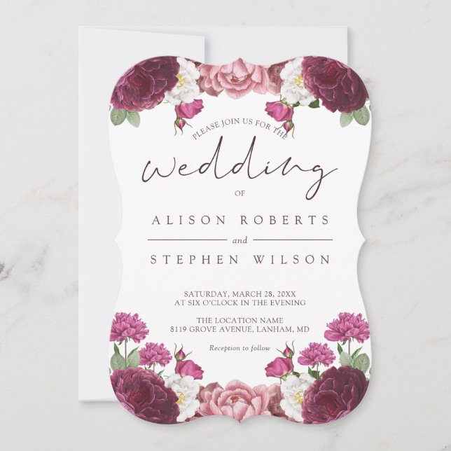Invitation Beau Mariage Floral Bourgogne (Devant)