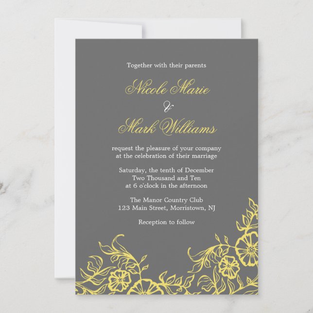 Invitation Beau mariage floral jaune et gris (Devant)