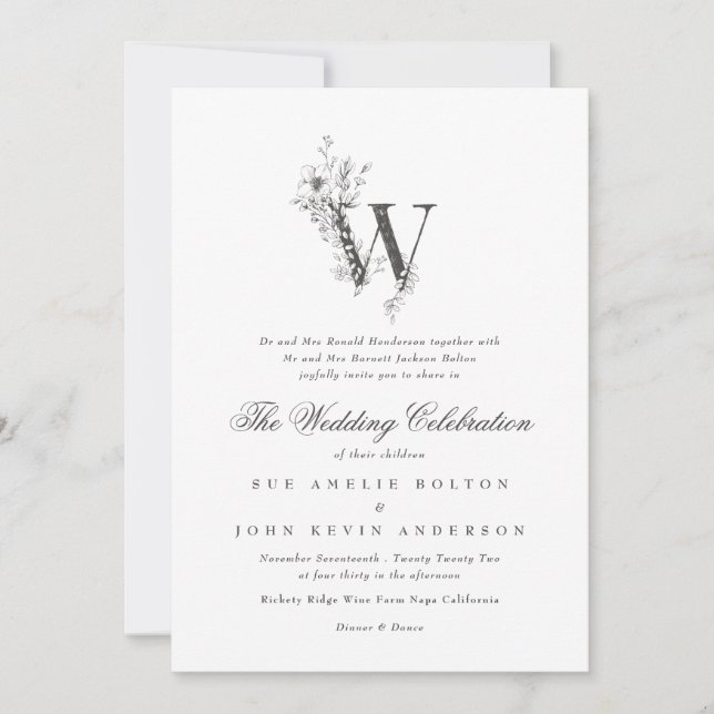 Invitation Beau Mariage floral 'W' Monogramme (Devant)