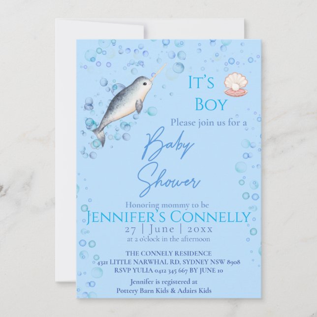 Invitation Beau océan Bébé garçon Narwhal bulles Baby shower (Devant)