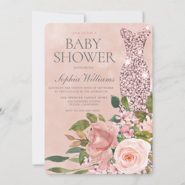 Invitation Beau Robe rose Rose Baby shower or (Devant)
