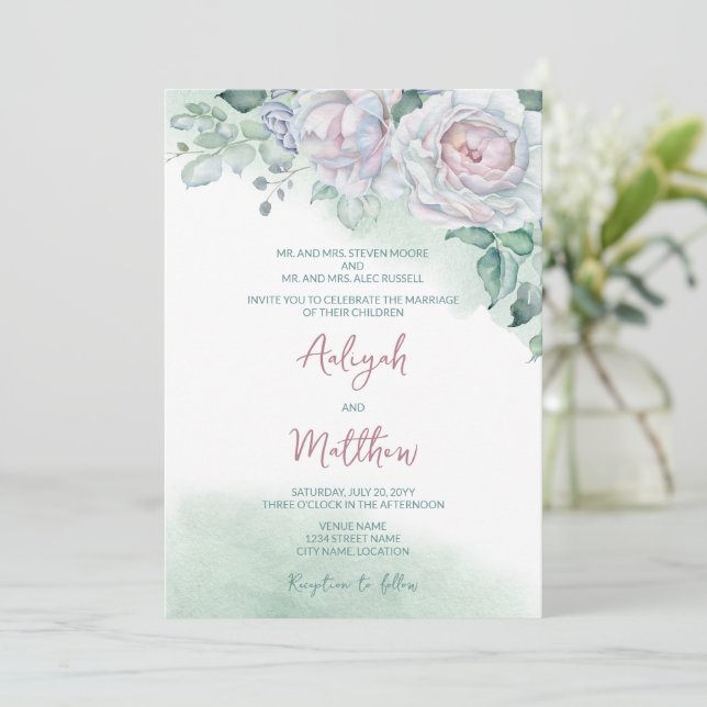 Invitation Beau Rose Aquarelle Delicate Mariage (Debout devant)