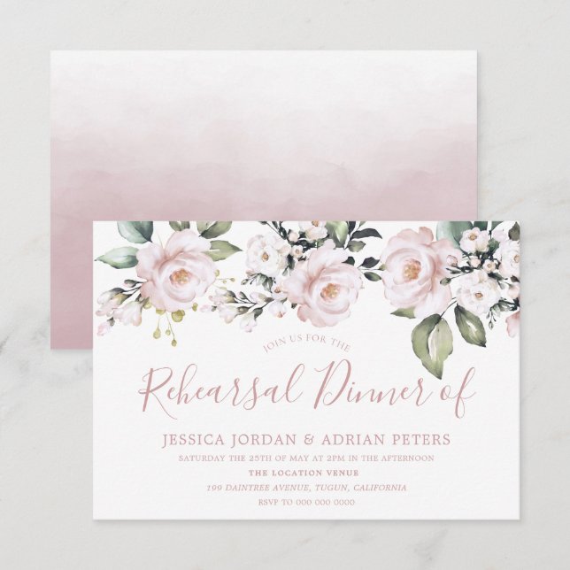 Invitation Beau Rose Dusty Blush Pink Rehearsal Dîner (Devant / Derrière)