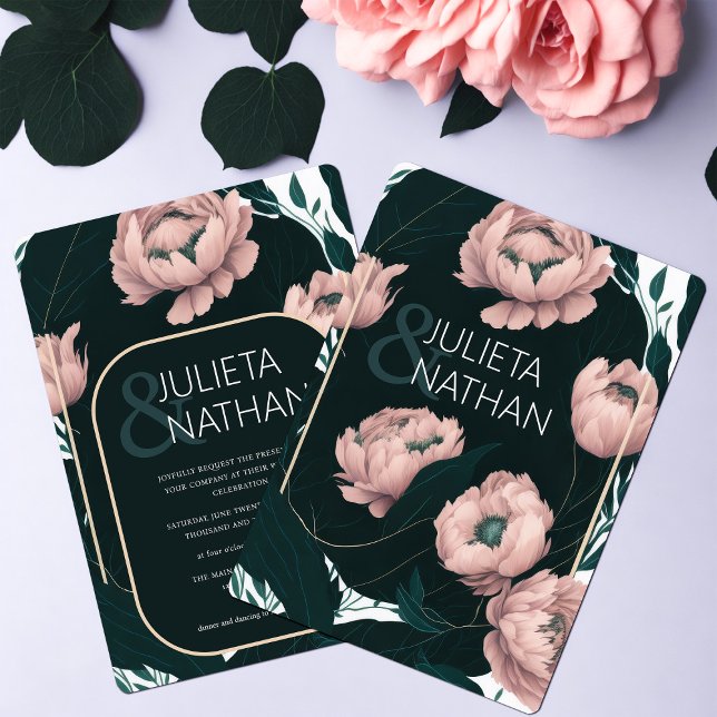 Invitation Beau rose émeraude Peony Mariage floral (Créateur téléchargé)