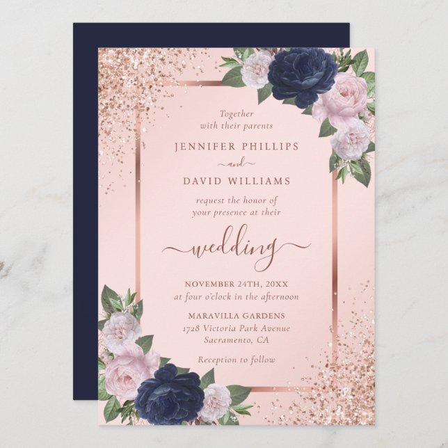 Invitation Beau Rose Gold Navy Blue Blush Floral Mariage (Devant / Derrière)