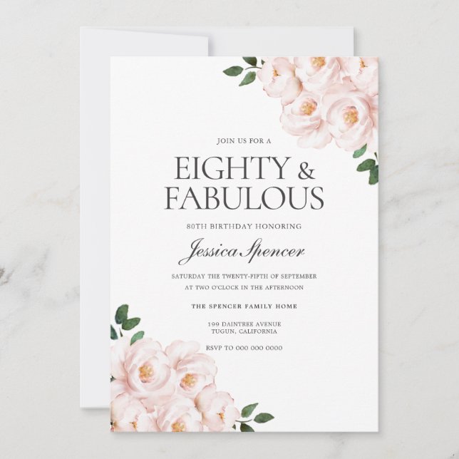 Invitation Beau rose pâle Elégant 80e anniversaire (Devant)