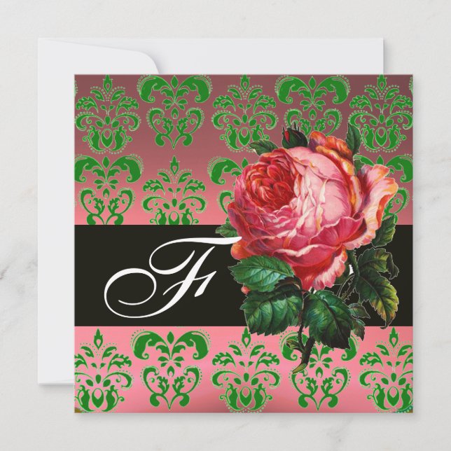 INVITATION BEAU ROSE ROSE VERT NOIR ROSE DAMASK MONOGRAM (Devant)