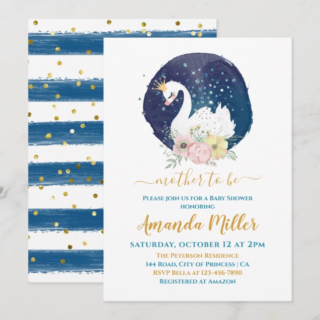 Invitation Beau Swan Delicate Navy Baby shower de garçon bleu (Devant / Derrière)