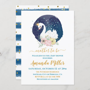 Invitation Beau Swan Delicate Navy Baby shower de garçon bleu
