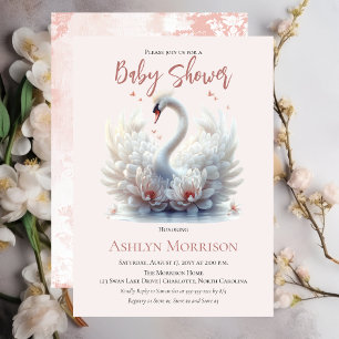Invitation Beau Swan rose Floral Damask Girl Baby shower