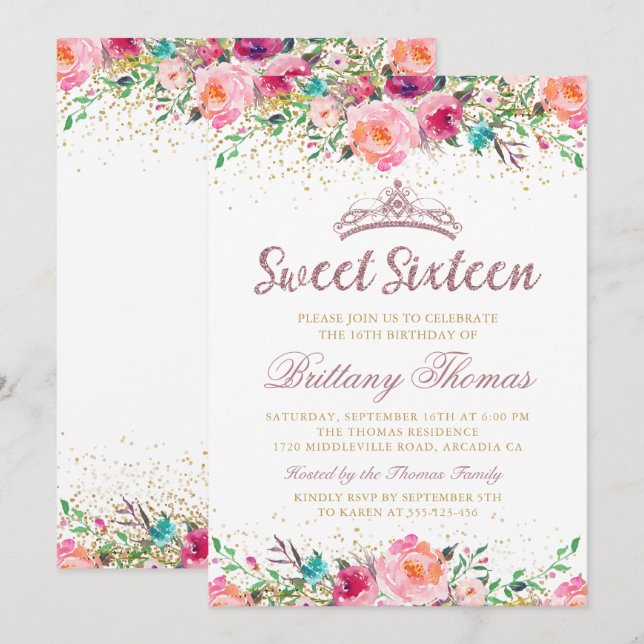 Invitation Beau Sweet sixteen rose floral 16 Anniversaire (Devant / Derrière)