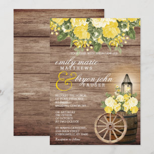 Invitation Beau tonneau en bois Patiné et fleurs jaunes