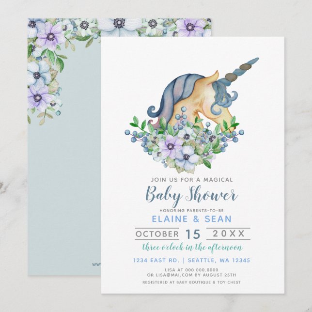 Invitation Beau Unicorn Blue Floral Boys Baby shower (Devant / Derrière)