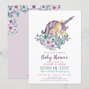 Invitation Beau Unicorne violet Baby shower Floral Girls