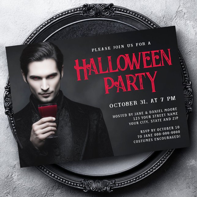 Invitation Beau vampire boire du sang Halloween fête (Handsome vampire drinking blood Halloween party Invitation)