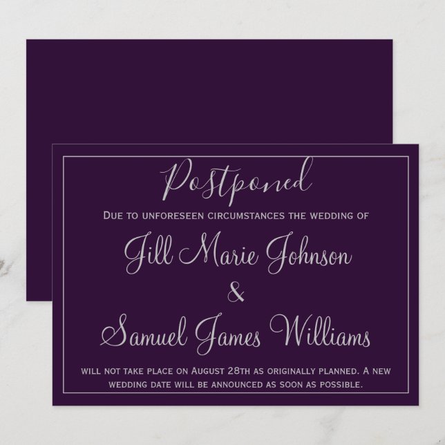 Invitation Beau violet et Mariage argenté Postponed (Devant / Derrière)