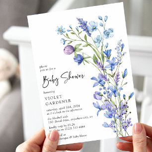 Invitation Beauté Botanique Bleue Fête de Bébé Fleur Sauvage