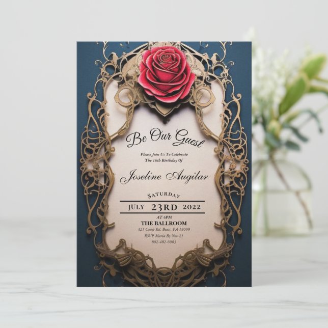 Invitation Beauté et la Bête Or et Rose Rouge Sweet 16 (Debout devant)