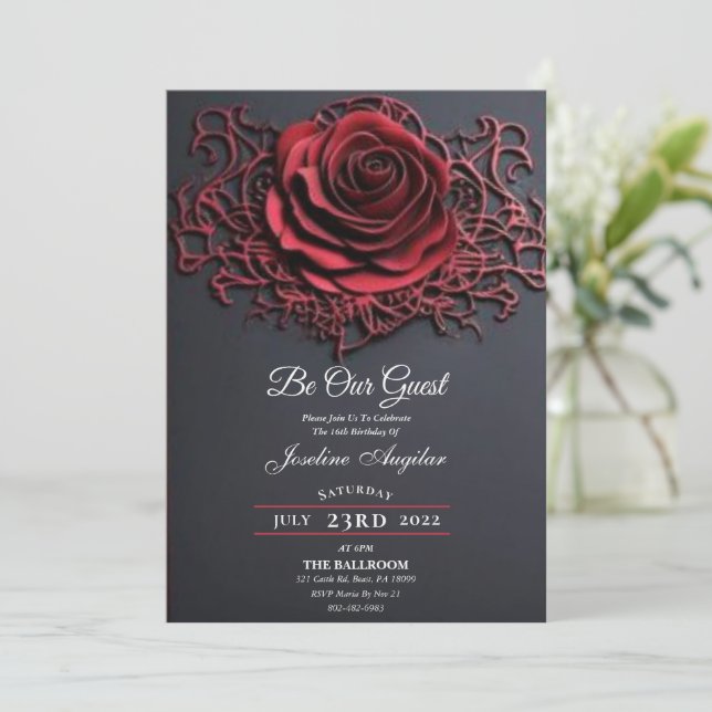 Invitation Beauté et la Bête Rose Rouge Douze ans (Debout devant)