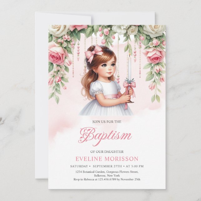Invitation Beauté petite fille avec chandelle blush rose cour (Devant)