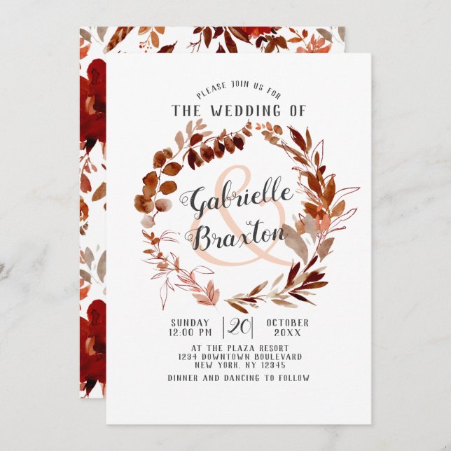 Invitation Beauté rustique Bohème Feuille Vin Vin Mariage (Devant / Derrière)