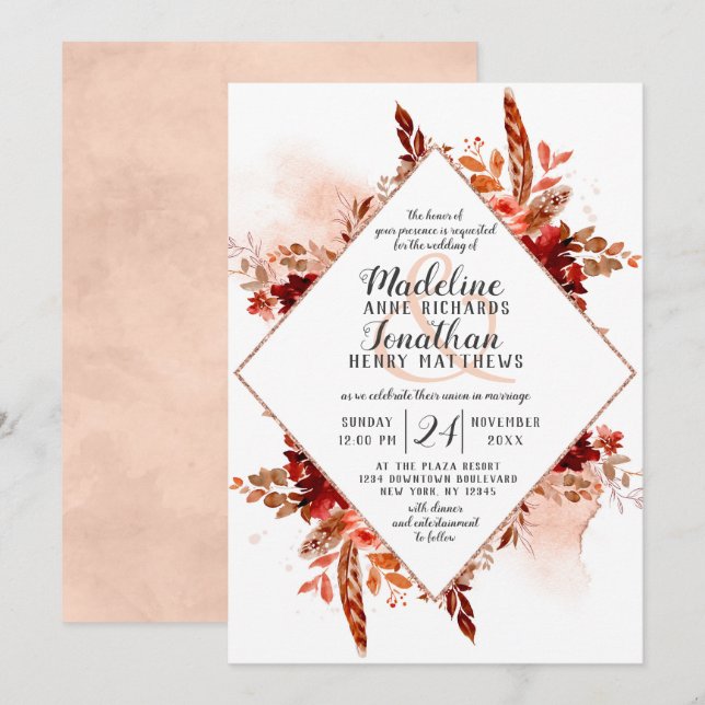 Invitation Beauté Rustique Boho Floral Diamond Mariage de cad (Devant / Derrière)