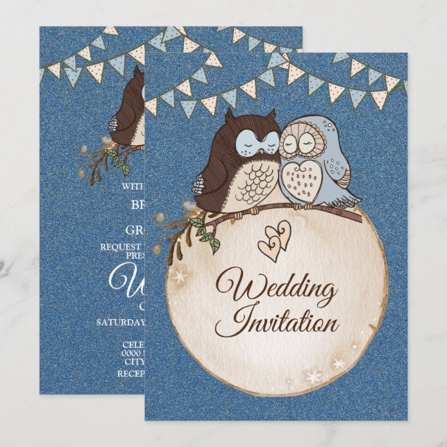 Invitation Beautiful Wedding Blue Brown Owl Glitter (Devant / Derrière)