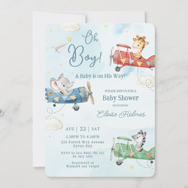 Invitation Beaux Animaux Avion Aventure Oh Baby shower Garçon (Devant)
