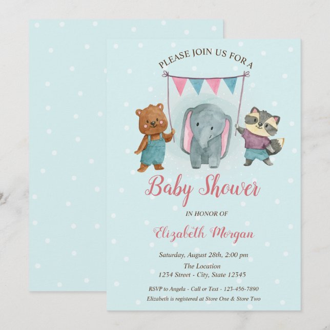 Invitation Beaux animaux, Baby shower à points bleus (Devant / Derrière)