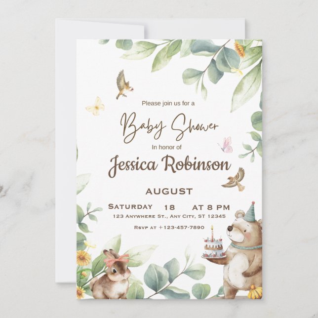 Invitation Beaux animaux de la forêt baby shower des bois (Devant)