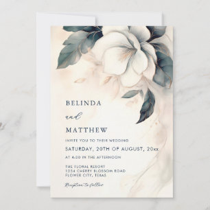 Invitation Beaux-Arts Fleur 3D Bleu Ivoire Tout-En-Un