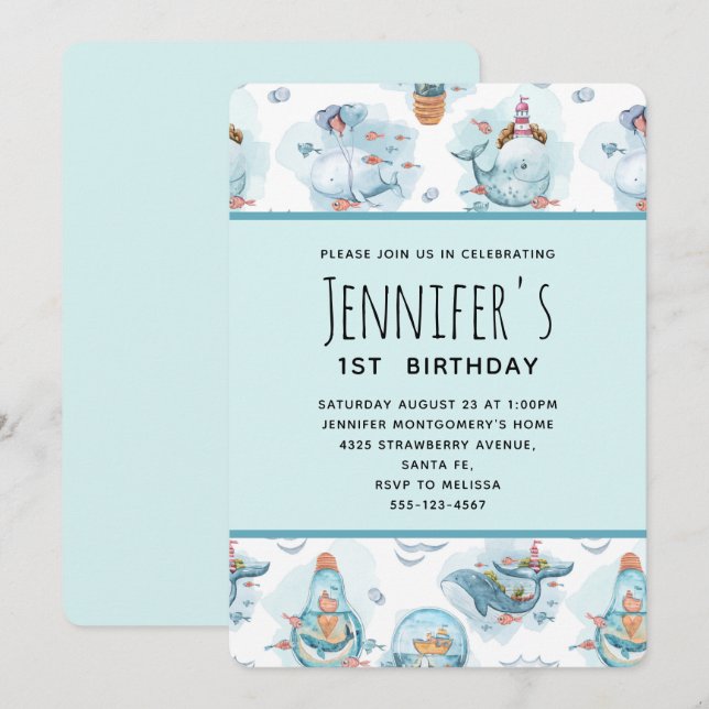 Invitation Beaux Baleines nautiques Aquarelle Motif Anniversa (Devant / Derrière)