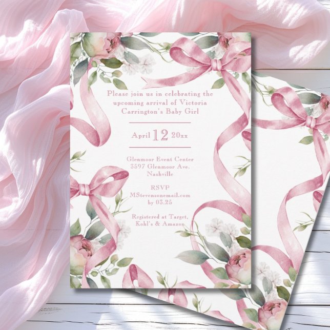 Invitation Beaux rubans roses et Baby shower floral (Créateur téléchargé)